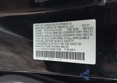 2022 Honda Odyssey Ex-L z USA, uszkodzony, nr VIN 5FNRL6H70NB019286
